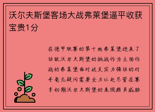 沃尔夫斯堡客场大战弗莱堡逼平收获宝贵1分