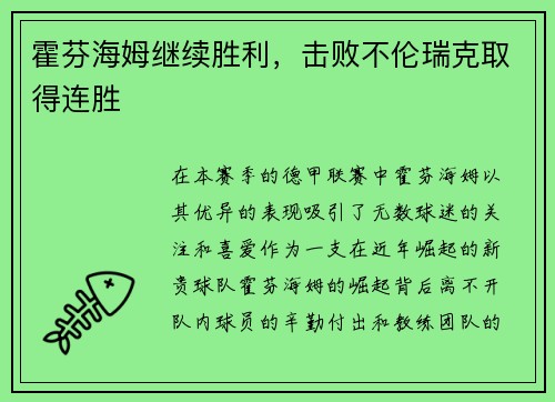 霍芬海姆继续胜利，击败不伦瑞克取得连胜